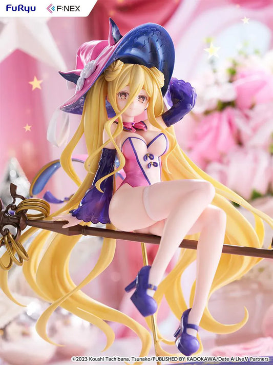 Date A Live V Mukuro Hoshimiya Witch Style Ver. 1/7 Scale Figure featuring Mukuro with long blonde hair, pink witch outfit, large witch hat, key-shaped staff, and magical display base.