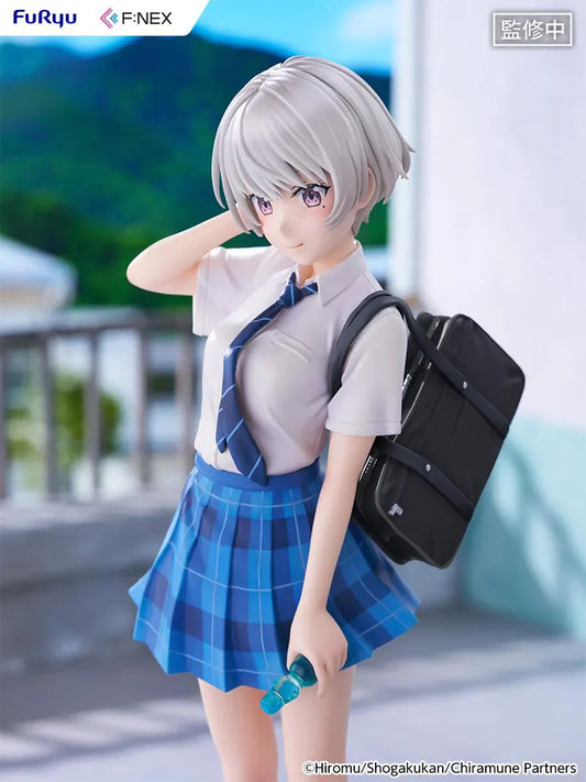 Chitose Is in the Ramune Bottle Asuka Nishino 1/7 Scale Figure with short silver hair, blue plaid skirt, school uniform outfit, backpack, drink bottle accessory, and display base