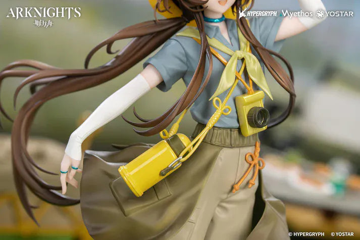 Arknights Gift+ Amiya Wildlight Wander Ver. 1/8 Scale Figure featuring Amiya with rabbit ears, hooded outfit, camera accessory, yellow bag, and themed display base.