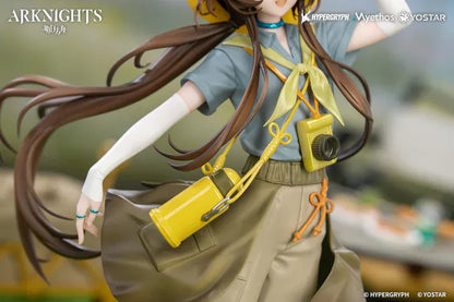 Arknights Gift+ Amiya Wildlight Wander Ver. 1/8 Scale Figure featuring Amiya with rabbit ears, hooded outfit, camera accessory, yellow bag, and themed display base.