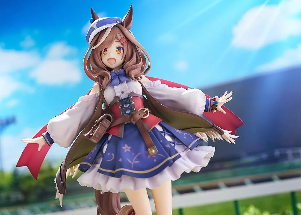 Umamusume Pretty Derby Matikanetannhauser 1/7 scale rerelease figure in a blue-and-red outfit with a flowing cape and themed display base.