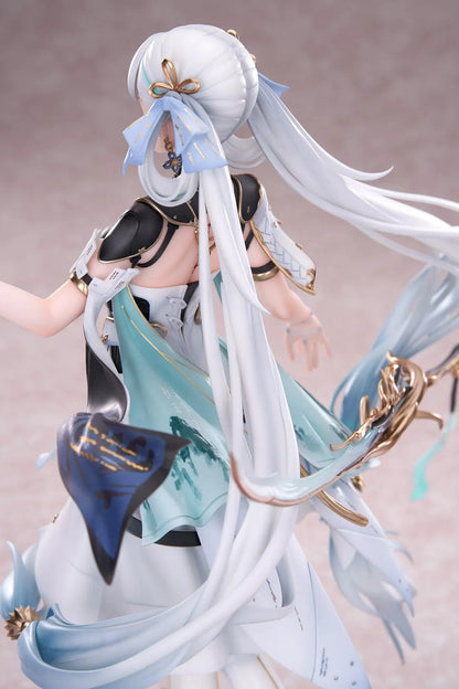 Wuthering Waves Jinhsi 1/7 Scale Figure with long white hair, elegant blue and gold outfit, flowing accessories, water-style display base, and bonus item