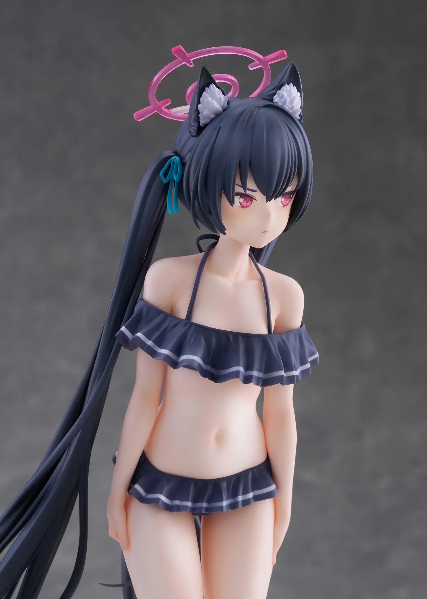 Blue Archive Serika Swimsuit 1/7 Scale Figure featuring Serika with long black hair, cat ears, dark frilled swimsuit, pink halo, platform sandals, and display base.