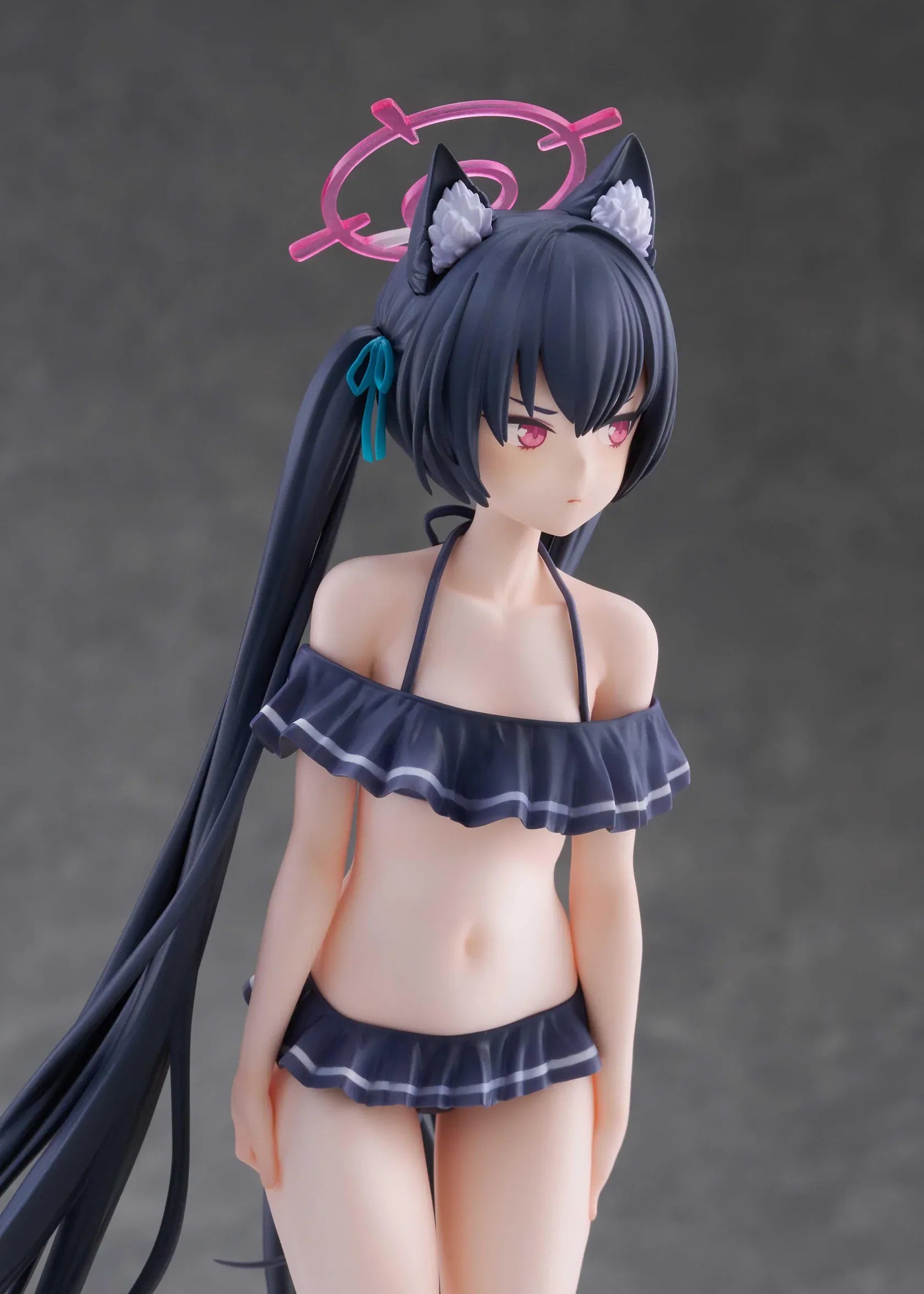 Blue Archive Serika Swimsuit 1/7 Scale Figure featuring Serika with long black hair, cat ears, dark frilled swimsuit, pink halo, platform sandals, and display base.