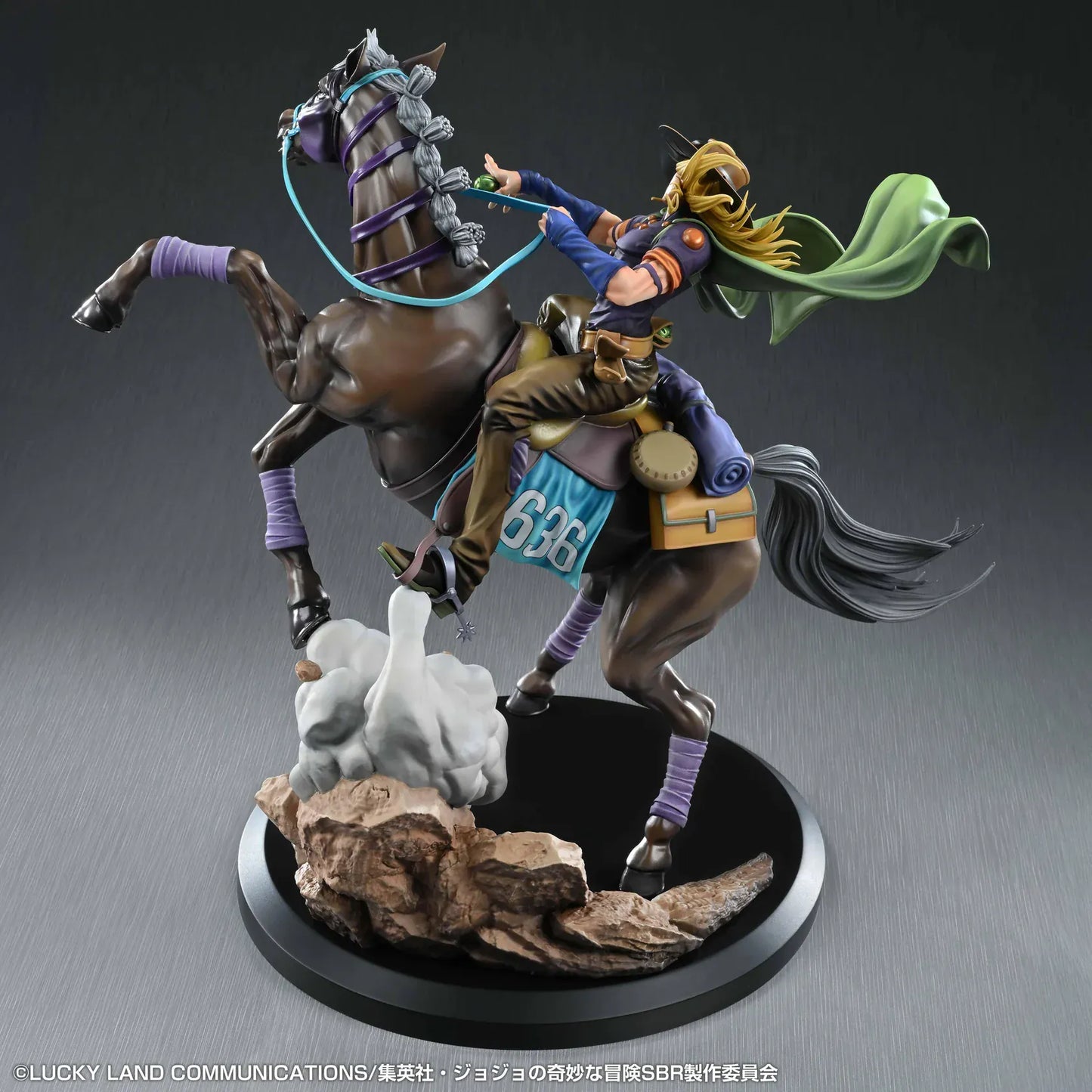 STEEL BALL RUN JoJo's Bizarre Adventure Gyro Zeppeli and Valkyrie figure featuring Gyro riding Valkyrie in a dynamic action pose with rocky effect base