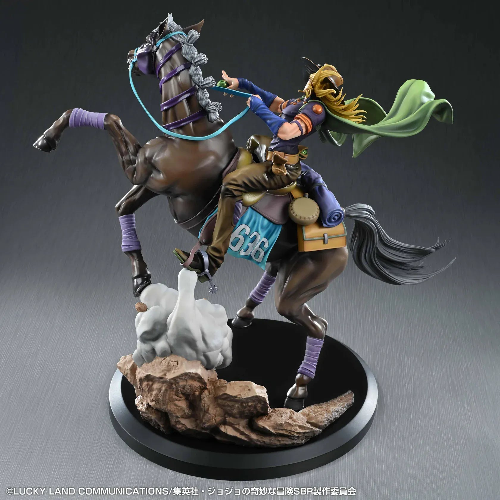 STEEL BALL RUN JoJo's Bizarre Adventure Gyro Zeppeli and Valkyrie figure featuring Gyro riding Valkyrie in a dynamic action pose with rocky effect base
