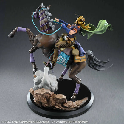 STEEL BALL RUN JoJo's Bizarre Adventure Gyro Zeppeli and Valkyrie figure featuring Gyro riding Valkyrie in a dynamic action pose with rocky effect base