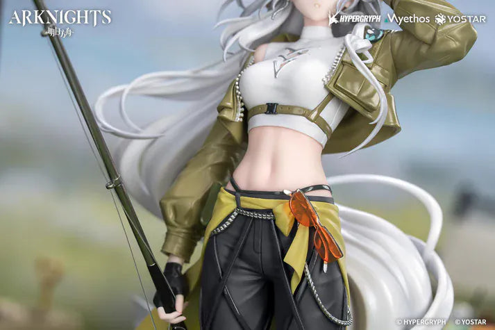 Arknights Gift+ Skadi Wildlight Wander Ver. 1/8 Scale Figure featuring Skadi with long white hair, fishing rod accessory, outdoor outfit, hat, and themed display base.