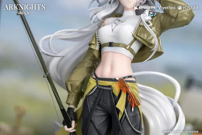 Arknights Gift+ Skadi Wildlight Wander Ver. 1/8 Scale Figure featuring Skadi with long white hair, fishing rod accessory, outdoor outfit, hat, and themed display base.