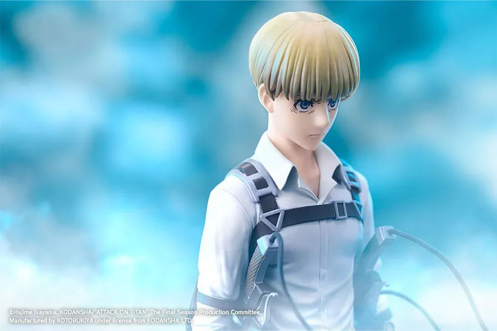 Armin Arlert The Final Season Ver. Oshi Works figure with blond hair, a gray shirt, black harness straps, and equipment on a rectangular black base.