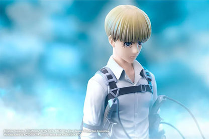 Armin Arlert The Final Season Ver. Oshi Works figure with blond hair, a gray shirt, black harness straps, and equipment on a rectangular black base.