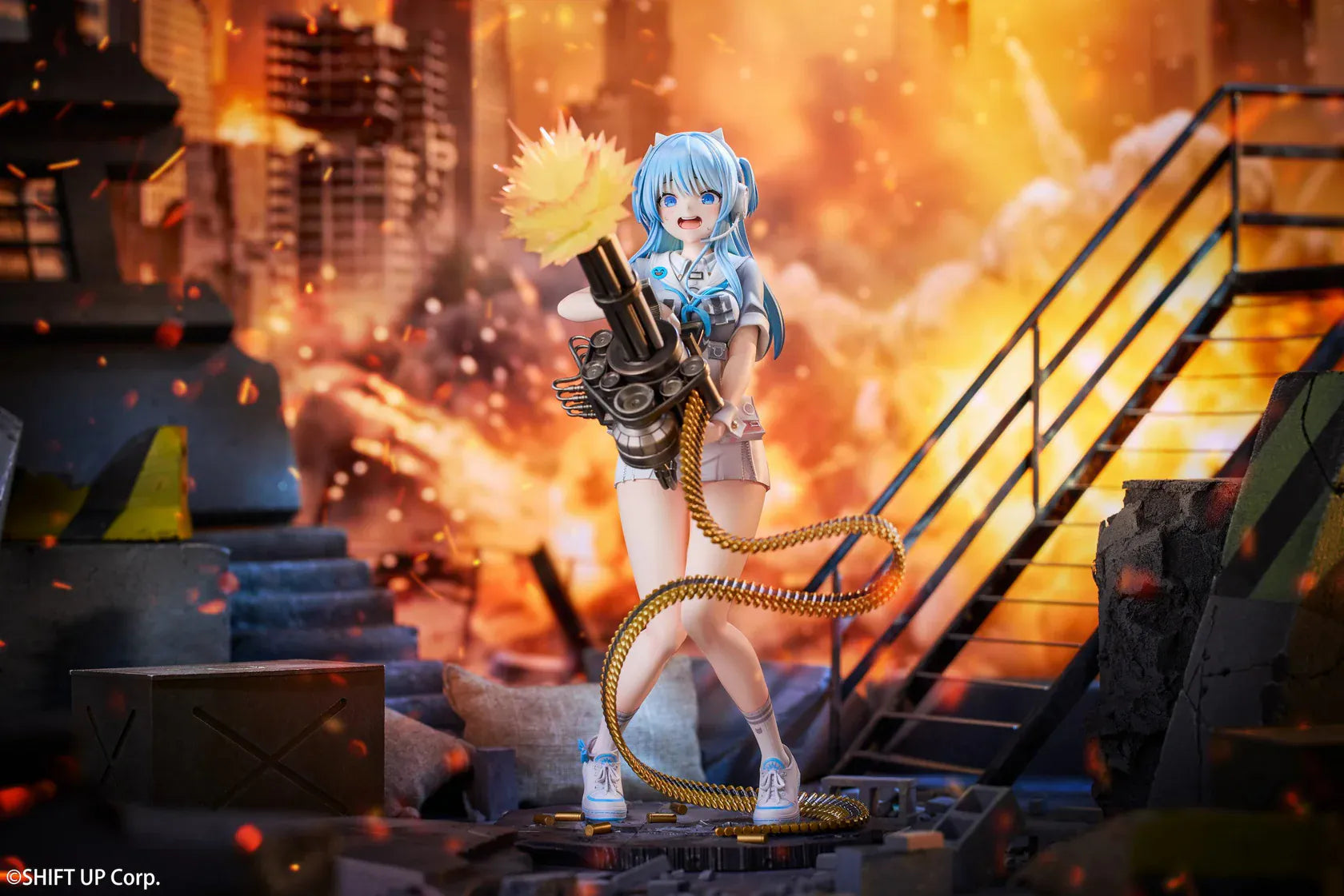 Goddess of Victory Nikke Shifty Illustration Panic Sight Deluxe Ver. 1/7 Scale Figure featuring Shifty with blue hair, tactical outfit, oversized weapon, firing effect, and ammo belt display details.
