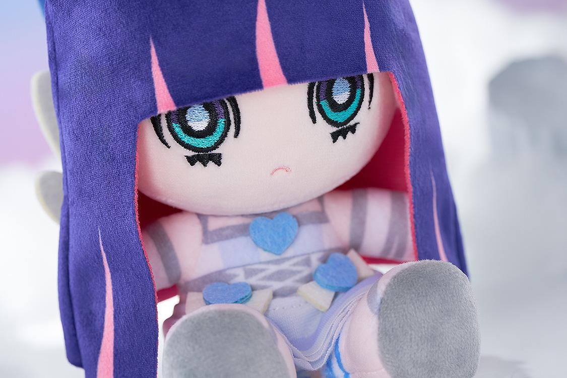 New PANTY & STOCKING with GARTERBELT Stocking Punipuni Plushie with purple hair, blue eyes, heart details, and seated chibi plush design