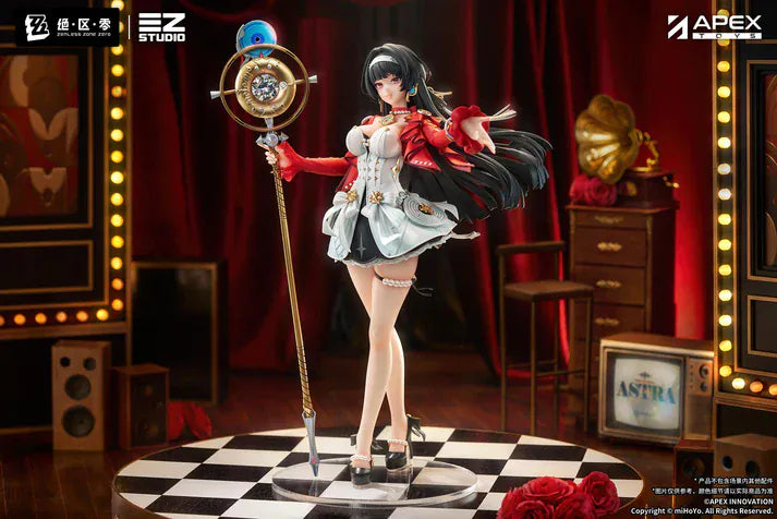 Zenless Zone Zero Astra Yao 1/7 Scale Figure featuring Astra Yao with long black hair, red-and-white performance outfit, microphone staff accessory, and elegant stage-inspired pose.