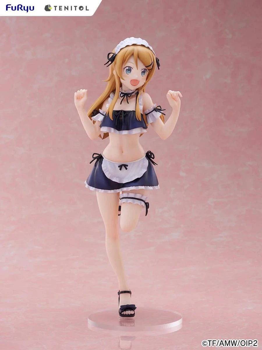 Oreimo Tenitol Tall Kirino Kousaka Swimsuit Maid Ver. Figure featuring Kirino in a navy and white maid swimsuit posing energetically by a beachside dessert setup