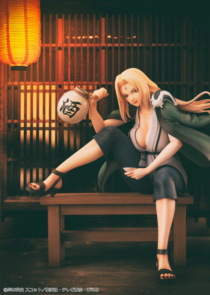 Naruto Shippuden Naruto Gals Tsunade Ver.2 2nd Rerelease figure seated on a bench with green haori, sake bottle, and Katsuyu detail