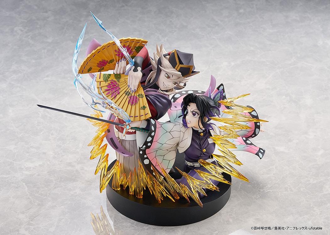 Demon Slayer Kimetsu no Yaiba Shinobu Kocho and Doma Non-Scale Figure with battle pose, translucent attack effects, fan accessory, and display base