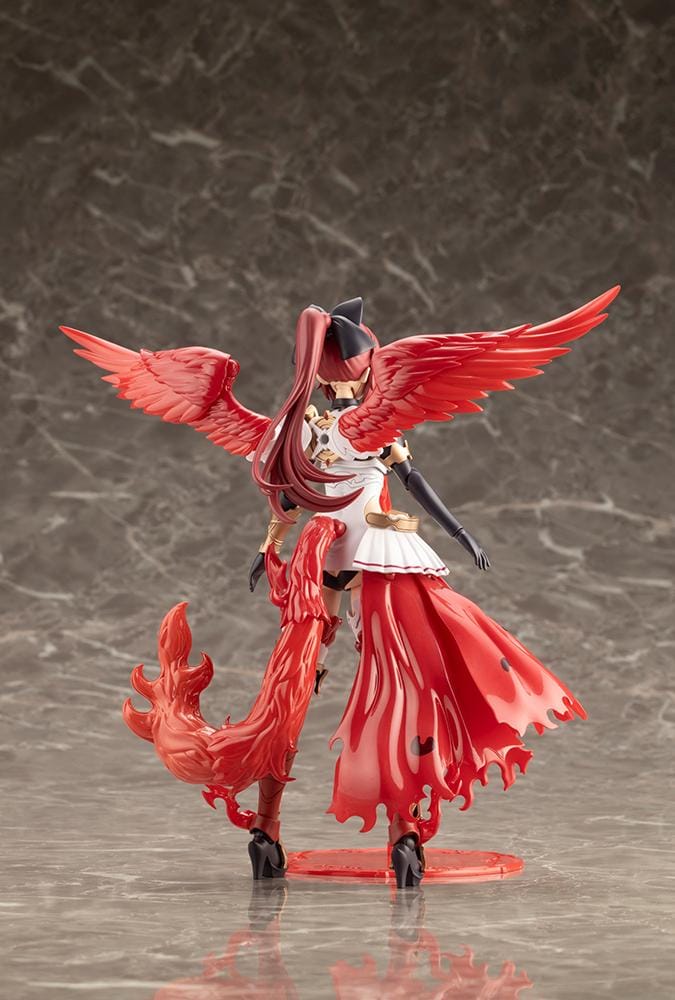 Assembled Arcanadea Charmed model kit with red hair, animal ears, a white and black outfit, gold armor accents, and a sweeping flame-like red tail.