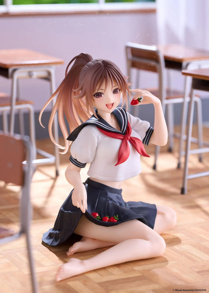 Desktop Cute Satsuki Kitaoji School Uniform Ver. figure seated with a brown ponytail, white and navy sailor uniform, and a strawberry held beside her smiling face.
