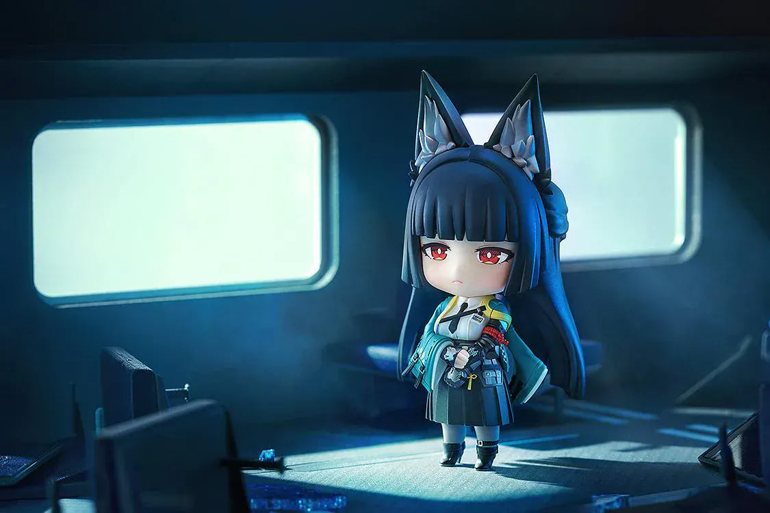 Nendoroid Miyabi Hoshimi with fox ears, black hair, katana, and blue spirit effect part.