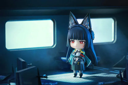 Nendoroid Miyabi Hoshimi with fox ears, black hair, katana, and blue spirit effect part.