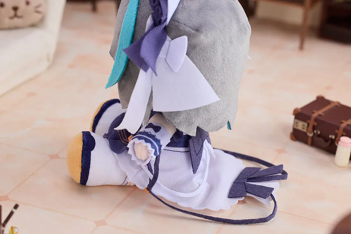 Azur Lane Cheshire Punipuni plushie with gray and teal hair, cat ears, embroidered eyes, and navy outfit sitting pose