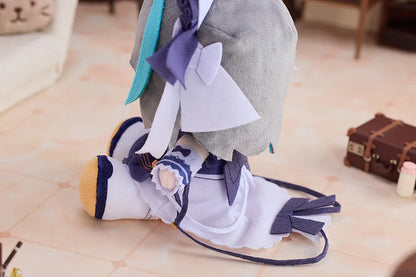 Azur Lane Cheshire Punipuni plushie with gray and teal hair, cat ears, embroidered eyes, and navy outfit sitting pose