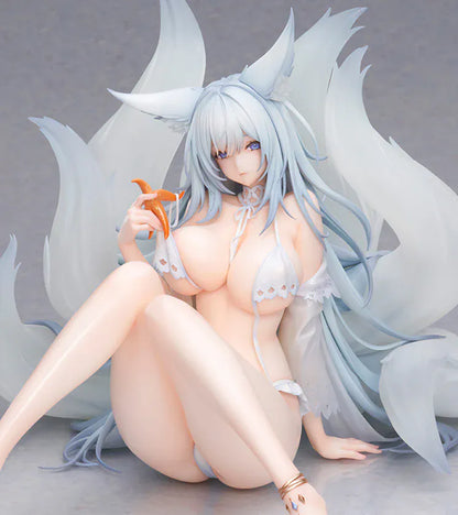 Azur Lane Shinano Dreamy White Sands Ver. 1/6 Scale Figure featuring Shinano seated with pale blue hair, fox ears, flowing tails, white outfit details, and beach-inspired styling.