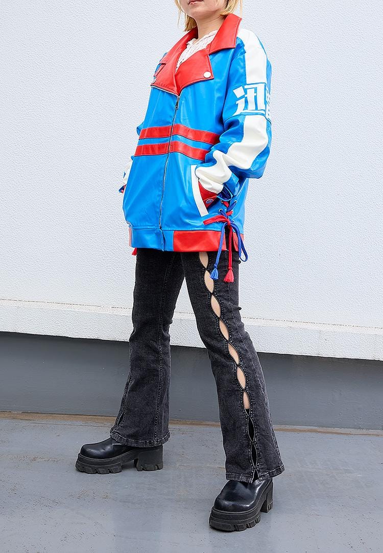 Umamusume Pretty Derby Tamamo Cross blue and red faux leather biker jacket with lightning bolt design and kanji symbols