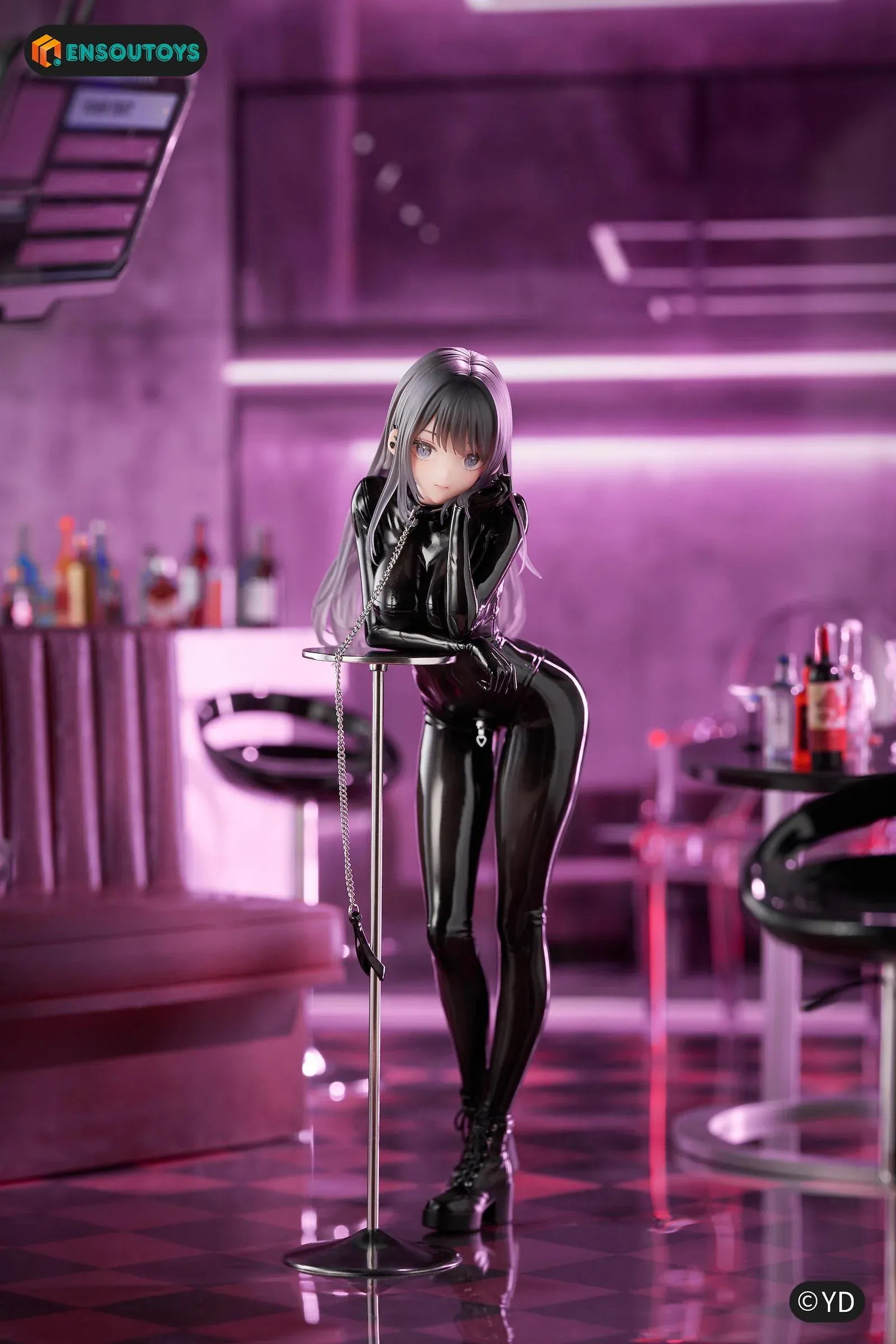 Illustration Dear My Rubber Kurokawa Miu 1/6 Scale Figure featuring Kurokawa Miu with long gray hair, blue eyes, glossy black outfit, chain accessory, and modern display pose.