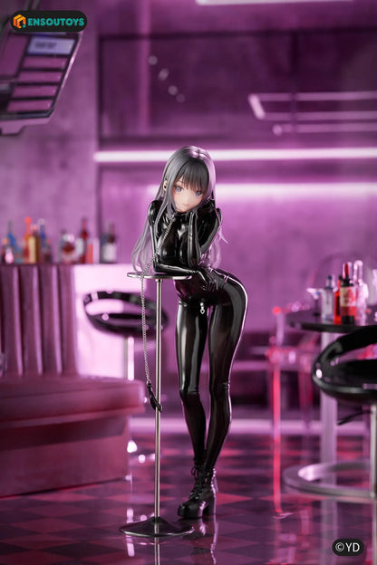 Illustration Dear My Rubber Kurokawa Miu 1/6 Scale Figure featuring Kurokawa Miu with long gray hair, blue eyes, glossy black outfit, chain accessory, and modern display pose.