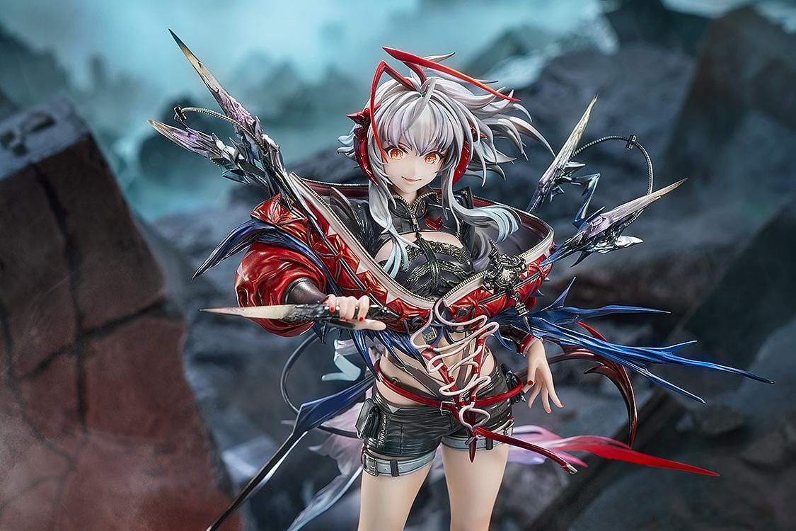 Arknights Wiš'adel 1/7 scale figure with silver-gray hair, red horns, a red-and-black outfit, angular weapon details, and a circular base.