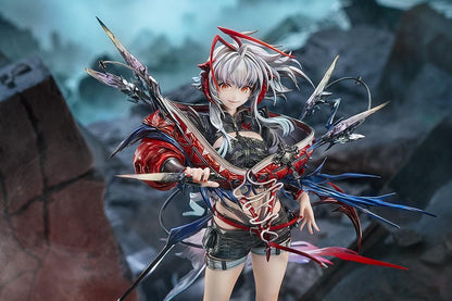 Arknights Wiš'adel 1/7 scale figure with silver-gray hair, red horns, a red-and-black outfit, angular weapon details, and a circular base.