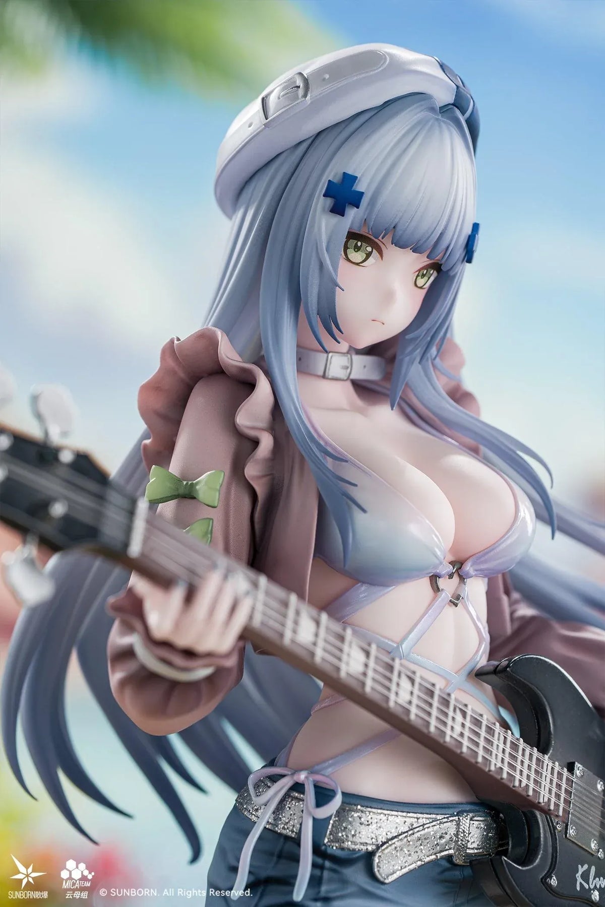 Girls' Frontline Klukai 10th Anniversary 1/6 scale figure with pale blue hair, a beret, brown jacket, blue skirt, and black bass guitar.