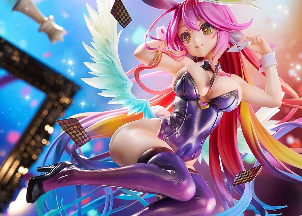 No Game No Life Jibril Bunny Ver. 1/6 Scale Figure featuring a pink-haired anime girl with flowing multicolored strands, golden eyes, purple bunny ears, a glossy purple bunny suit, thigh-high stockings, feathered wings, and a halo floating above a checkered display base.