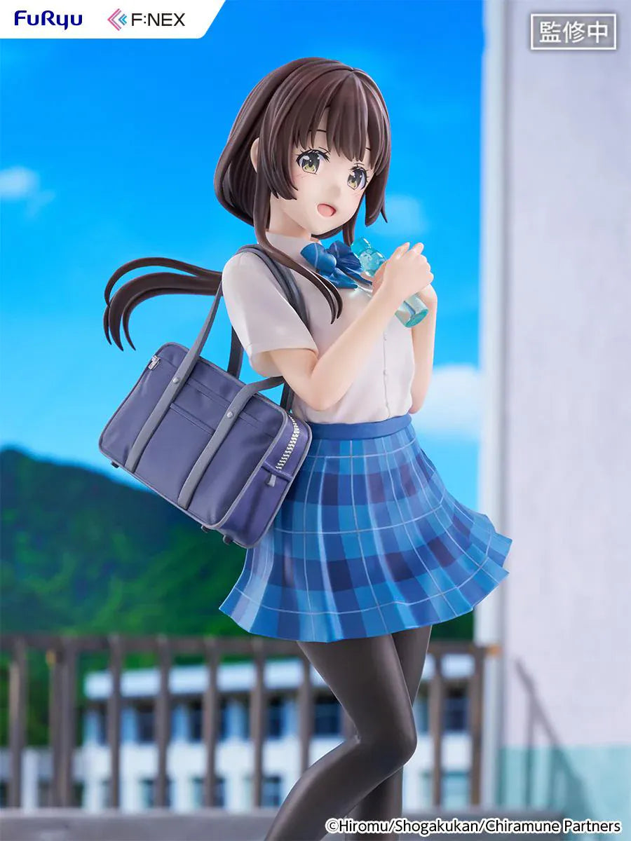 Chitose Is in the Ramune Bottle Yua Uchida 1/7 Scale Figure with brown hair, blue plaid skirt, school uniform outfit, shoulder bag, drink bottle accessory, and display base