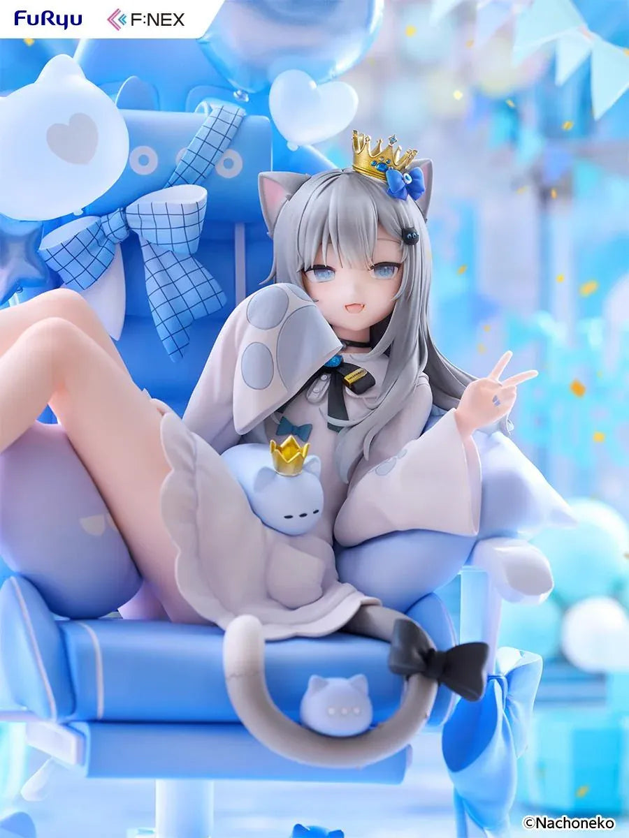 Nachoneko Birthday Ver. 1/7 Scale Figure by FuRyu F featuring a silver-haired cat girl with a golden crown relaxing in a blue gaming chair decorated with balloons, ribbons, and cat accessories.