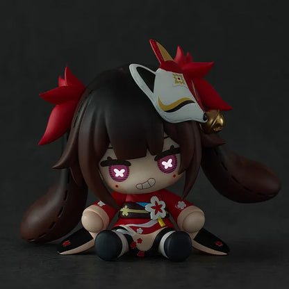 Honkai Star Rail HUGGY BOOM Sparkle's Bomb Doll featuring a chibi-style Sparkle doll with red outfit, black hair, fox mask, pink eyes, and seated pose.