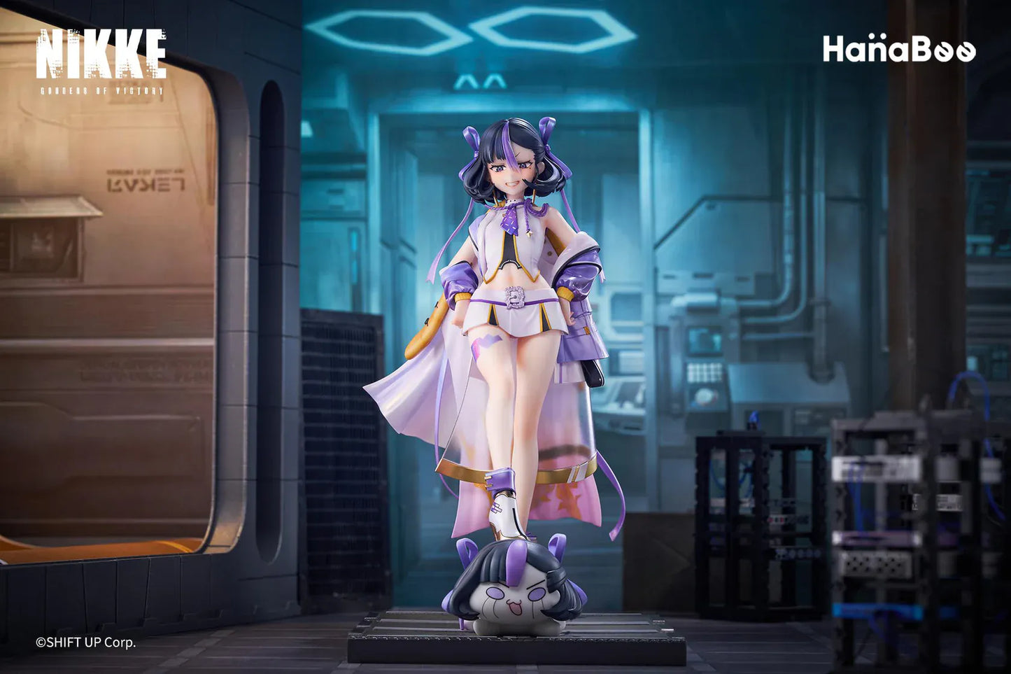 Goddess of Victory Nikke Syuen Deluxe Edition 1/6 Scale Figure featuring Syuen in a white-and-purple outfit with ribbon details, themed base, chibi mascot accent, can badge, and acrylic-style bonus artwork.