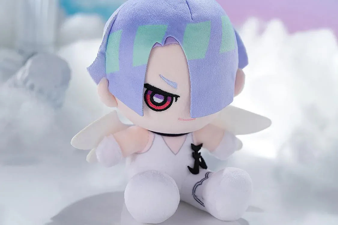 New PANTY & STOCKING with GARTERBELT Polyester Punipuni Plushie with lavender hair, white outfit, wing details, and seated chibi plush design