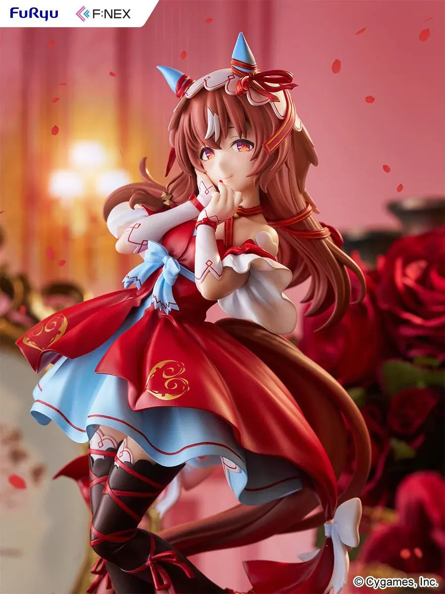 Umamusume Pretty Derby Still in Love 1/7 scale figure in a red and blue performance outfit on a heart-shaped display base