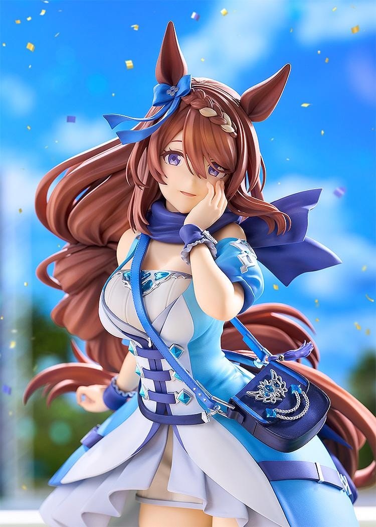 Umamusume Cinderella Gray Super Creek figure with flowing brown hair, a blue and white outfit, shoulder bag, and tall boots, posed with a hand against her cheek.