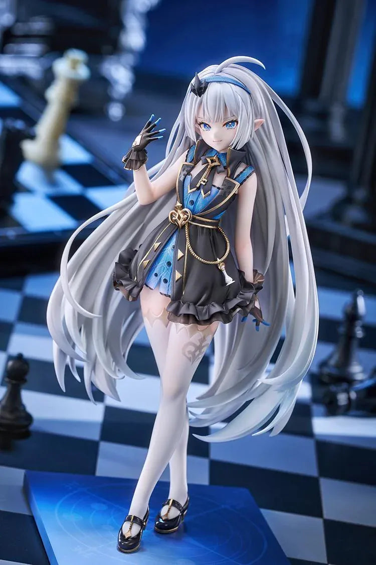Stella Sora female Tyrant 1/7 scale figure with long silver-blue hair, a black-and-blue ruffled outfit, white stockings, and a blue display base.