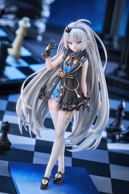 Stella Sora female Tyrant 1/7 scale figure with long silver-blue hair, a black-and-blue ruffled outfit, white stockings, and a blue display base.