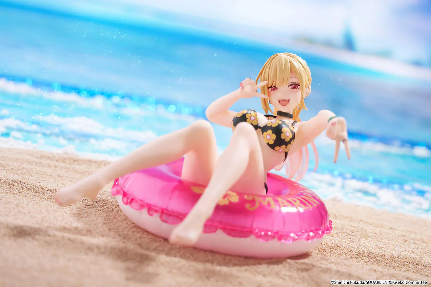 My Dress-Up Darling Aqua Float Girls Marin Kitagawa Figure Rerelease featuring Marin relaxing on a pink swim float with floral swimsuit and translucent water-style base.