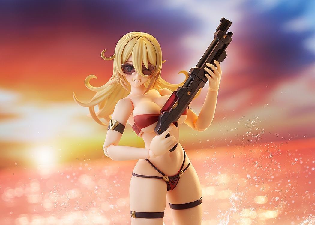 BUNNY SUIT PLANNING figma Veronica Sweetheart Swimsuit Ver. Figure with blonde hair, red swimsuit, sunglasses, platform sandals, and weapon accessory