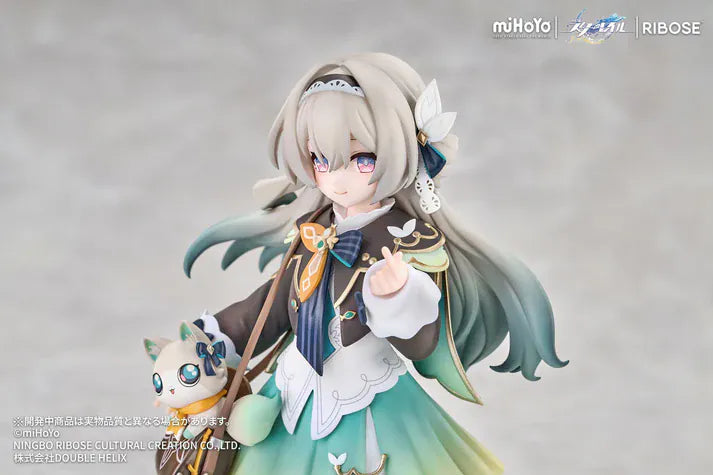Honkai Star Rail Rise Up+ Chibi Cat Series Firefly Figure featuring Firefly in a cute chibi-style outfit with cat-themed display accents, colorful backdrop, and themed base.
