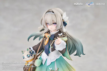 Honkai Star Rail Rise Up+ Chibi Cat Series Firefly Figure featuring Firefly in a cute chibi-style outfit with cat-themed display accents, colorful backdrop, and themed base.