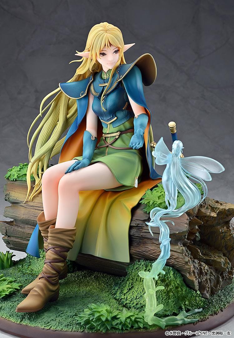 Record of Lodoss War Deedlit figure seated on a log in green clothing and blue armor, with flowing blonde hair, a winged companion, and a woodland base.