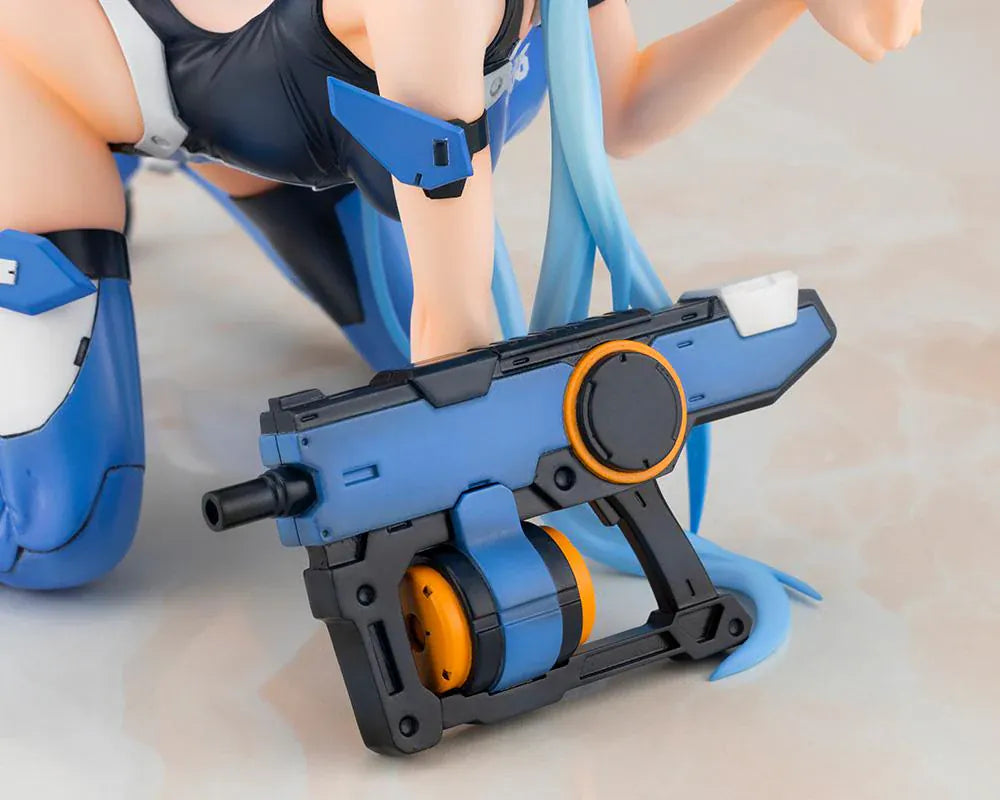 Frame Arms Girl Stylet Swimsuit Ver. Figure featuring Stylet with long light blue hair, cat ear details, blue-and-black swimsuit outfit, mechanical accessory parts, and display pose.
